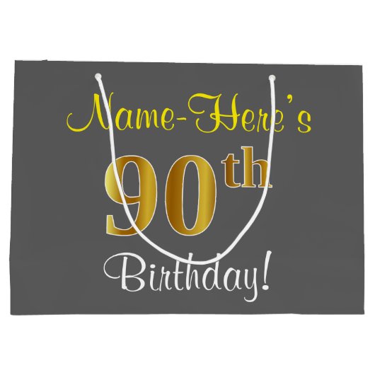 Elegant, grijs, Faux Gold 90th Birthday + naam Groot Cadeauzakje (Achterkant)
