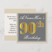 Elegant, grijs, Faux Gold 90th Birthday + naam Kaart (Voorkant / Achterkant)