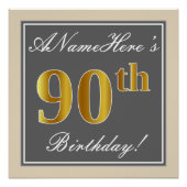 Elegant, grijs, Faux Gold 90th Birthday + naam Poster (Voorkant)