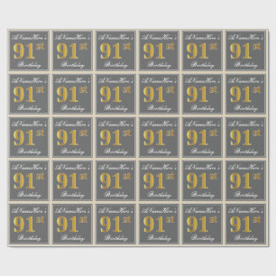 Elegant, grijs, Faux Gold 91st Birthday + naam Cadeaupapier