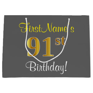Elegant, grijs, Faux Gold 91st Birthday + naam Large Cadeautasje