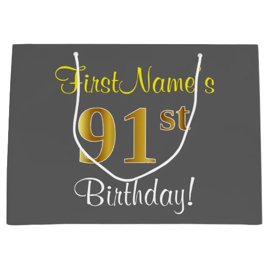 Elegant, grijs, Faux Gold 91st Birthday + naam Large Cadeautasje (Voorkant)