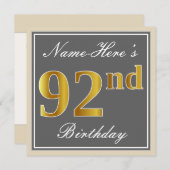 Elegant, grijs, Faux Gold 92nd Birthday + naam Kaart (Voorkant / Achterkant)