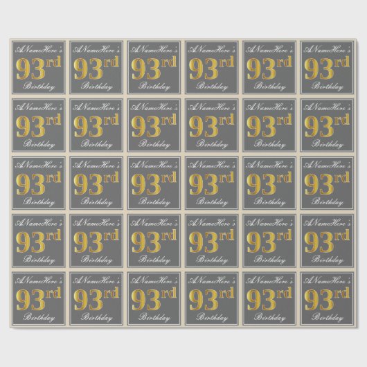 Elegant, grijs, Faux Gold 93rd Birthday + naam Cadeaupapier (Vlak)