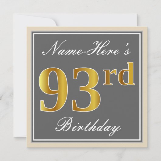 Elegant, grijs, Faux Gold 93rd Birthday + naam Kaart (Voorkant)
