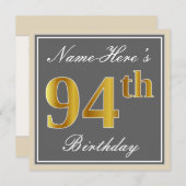 Elegant, grijs, Faux Gold 94th Birthday + naam Kaart (Voorkant / Achterkant)