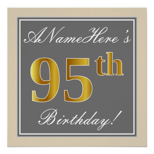 Elegant, grijs, Faux Gold 95th Birthday + naam Poster (Voorkant)