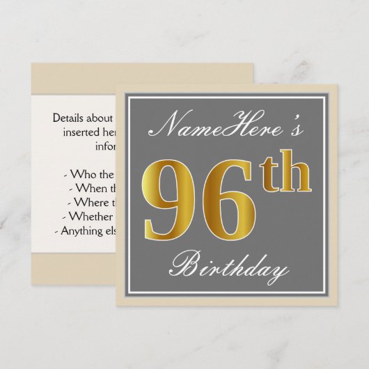 Elegant, grijs, Faux Gold 96th Birthday + naam Kaart (Voorkant / Achterkant)