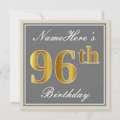 Elegant, grijs, Faux Gold 96th Birthday + naam Kaart (Voorkant)
