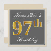 Elegant, grijs, Faux Gold 97th Birthday + naam Kaart (Voorkant / Achterkant)