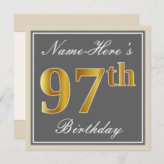 Elegant, grijs, Faux Gold 97th Birthday + naam Kaart (Voorkant / Achterkant)