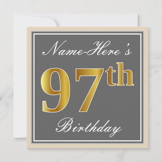 Elegant, grijs, Faux Gold 97th Birthday + naam Kaart (Voorkant)