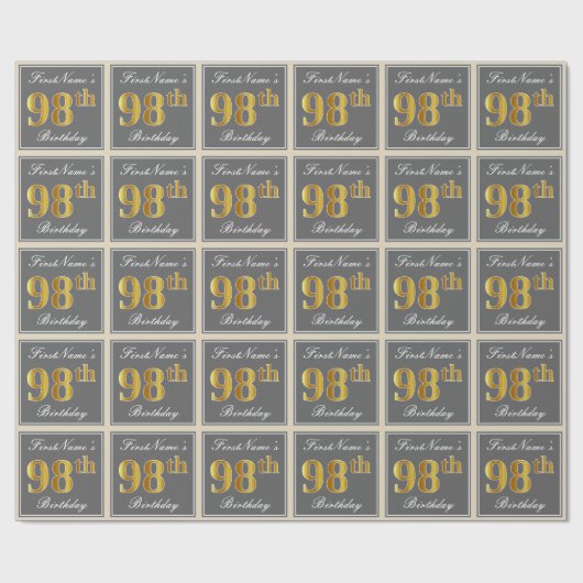 Elegant, grijs, Faux Gold 98th Birthday + naam Cadeaupapier (Vlak)