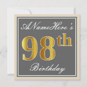 Elegant, grijs, Faux Gold 98th Birthday + naam Kaart (Voorkant)