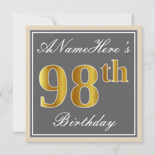 Elegant, grijs, Faux Gold 98th Birthday + naam Kaart (Voorkant)