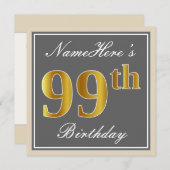 Elegant, grijs, Faux Gold 99th Birthday + naam Kaart (Voorkant / Achterkant)