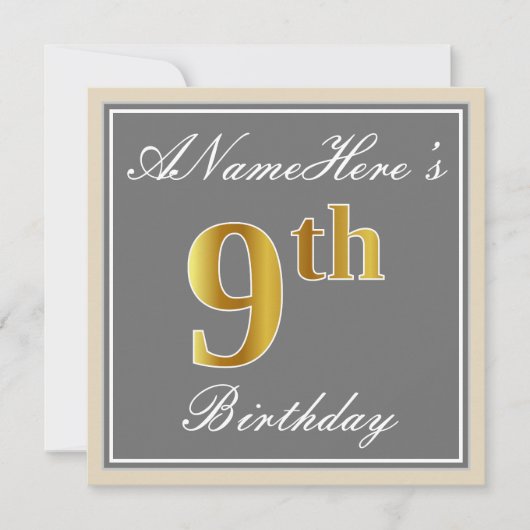 Elegant, grijs, Faux Gold 9th Birthday; aangepaste Kaart (Voorkant)