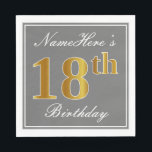 Elegant Grijs, Faux Goud 18e Verjaardag; Aangepast Servetten<br><div class="desc">Dit eenvoudige en elegante papieren servetontwerp heeft een boodschap als "NameHere’s 18th Birthday" (met de "18th" met een faux goudachtige kleur) in een grijs vierkant met een eenvoudige rand. De naam is in een wit-gekleurde script-achtige tekst, en kan worden aangepast. Servetten als deze kunnen misschien worden gebruikt op een verjaardagsfeestje...</div>