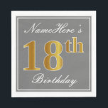 Elegant Grijs, Faux Goud 18e Verjaardag; Aangepast Servetten<br><div class="desc">Dit eenvoudige en elegante papieren servetontwerp heeft een boodschap als "NameHere’s 18th Birthday" (met de "18th" met een faux goudachtige kleur) in een grijs vierkant met een eenvoudige rand. De naam is in een wit-gekleurde script-achtige tekst, en kan worden aangepast. Servetten als deze kunnen misschien worden gebruikt op een verjaardagsfeestje...</div>
