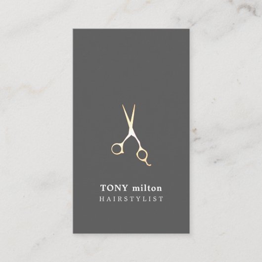 Elegant Grijs Faux Metal Schaar Haarstylist Visitekaartje (Voorkant)