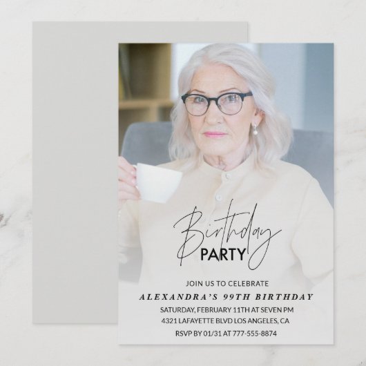 Elegant Grijs Foto 99ste verjaardagsfeestje Kaart (Voorkant / Achterkant)