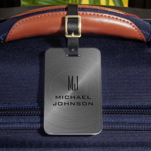 Elegant grijs geborsteld metallisch monogrammen In Bagagelabel (Voorkant Insitu 2)