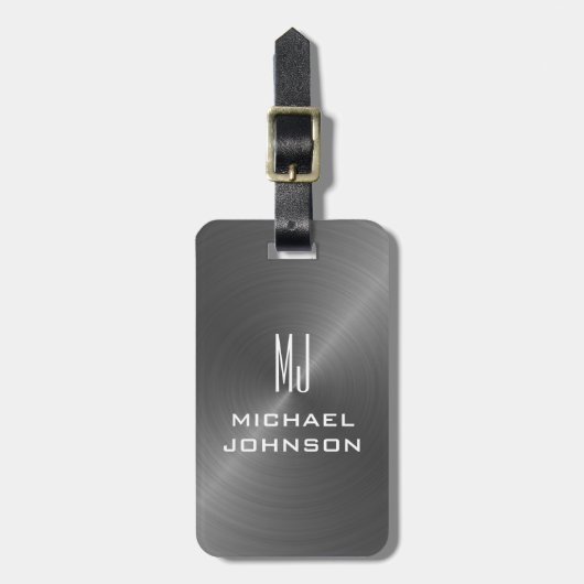Elegant grijs geborsteld metallisch monogrammen In Bagagelabel (Voorkant verticaal)