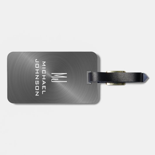 Elegant grijs geborsteld metallisch monogrammen In Bagagelabel (Achterkant horizontaal)