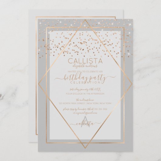 Elegant Grijs Goud Confetti Border Verjaardag Kaart (Voorkant / Achterkant)