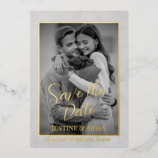 Elegant Grijs-Goud Script met Foto Save the Date Folie Uitnodiging (Voorkant)