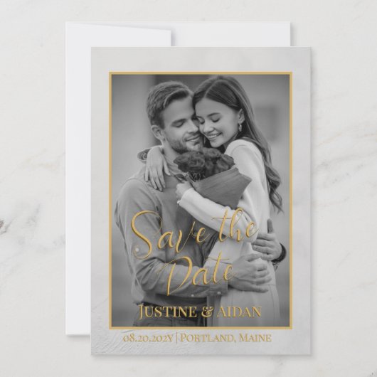 Elegant Grijs & Goud Script met Fotobruiloft Save The Date (Voorkant)