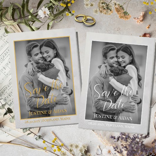 Elegant Grijs & Goud Script met Fotobruiloft Save The Date