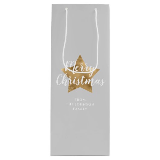 Elegant Grijs Goud Ster Vrolijk Kerstfeest Wijn Cadeautas (Voorkant)
