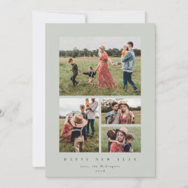 Elegant grijs-groen Lijst 4 Foto Happy Nieuwjaar Feestdagenkaart