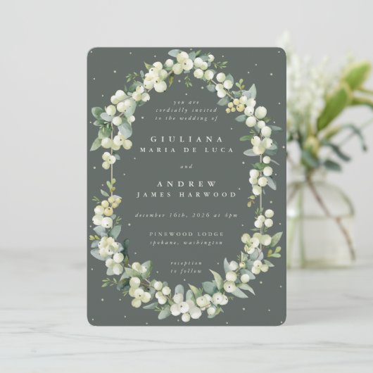 Elegant Grijs Groen Snowberry+Eucalyptus Bruiloft Kaart (Staand voorkant)