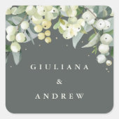 Elegant Grijs Groen Snowberry+Eucalyptus Bruiloft Vierkante Sticker (Voorkant)