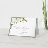 Elegant Grijs Groen Waterverf Bloemen Foto Bruilof Kaart (Voorkant)