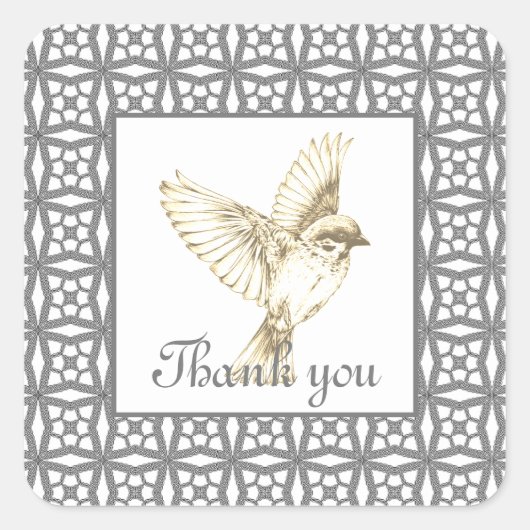 Elegant grijs kanten patroon met vogel vierkante sticker (Voorkant)