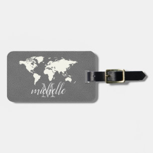 Elegant Grijs Leder Reiswereld - Kaart Vliegtuig Bagagelabel