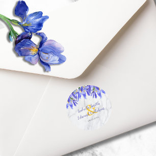 Elegant grijs marmeren waterverf blauw bloempatroo ronde sticker