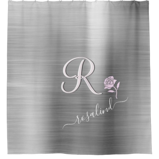 Elegant grijs met aangepaste monogram roze Rose Douchegordijn (Voorkant)