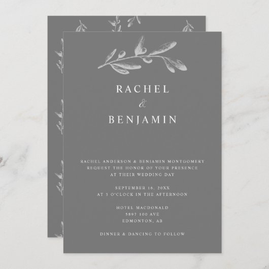Elegant grijs monochroom bruiloft Botanisch minima Kaart (Voorkant / Achterkant)