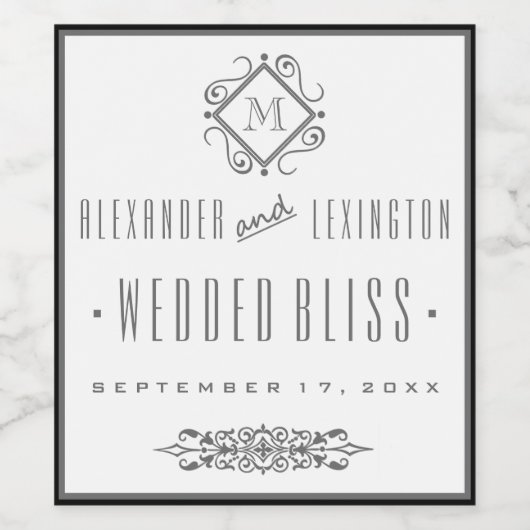 Elegant grijs monogram bruiloft wijn label etiket (Enkel label)