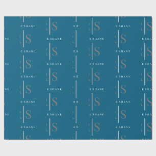 Elegant grijs monogram & witte naam, blauw cadeaupapier