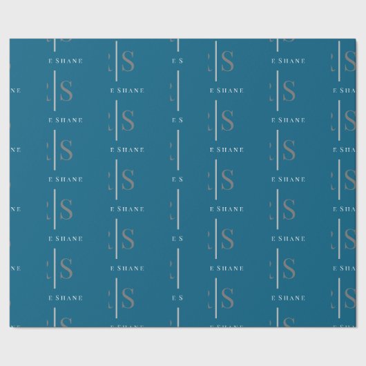 Elegant grijs monogram & witte naam, blauw cadeaupapier (Zoom)