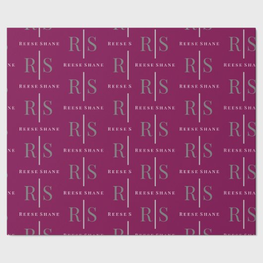 Elegant grijs monogram & witte naam, bordeauxrood cadeaupapier (Zoom)
