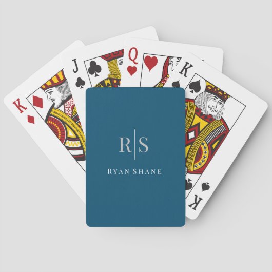 Elegant grijs monogram & witte naam, Ocean Blue Pokerkaarten (Achterkant)