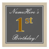 Elegant, Grijs, Nep Goud 1e Verjaardag; Aangepaste Perfect Poster (Voorkant)