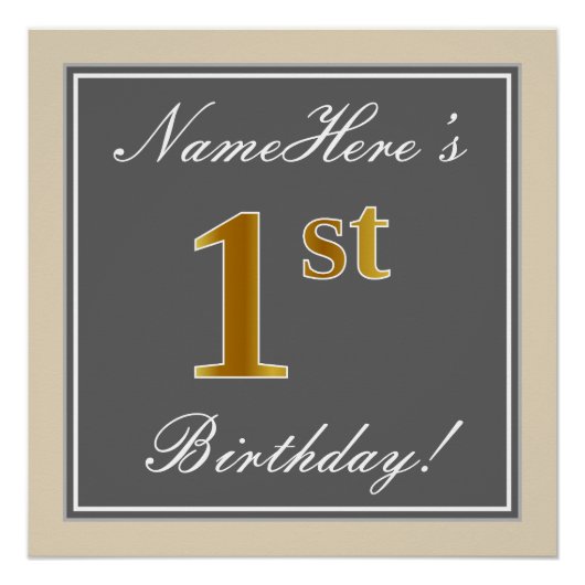 Elegant, Grijs, Nep Goud 1e Verjaardag; Aangepaste Perfect Poster (Voorkant)
