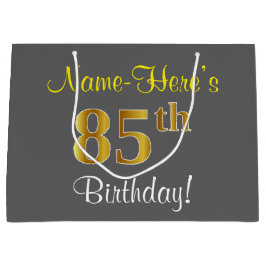Elegant, Grijs, Nepgoud 85e Verjaardag + Naam Large Cadeautasje